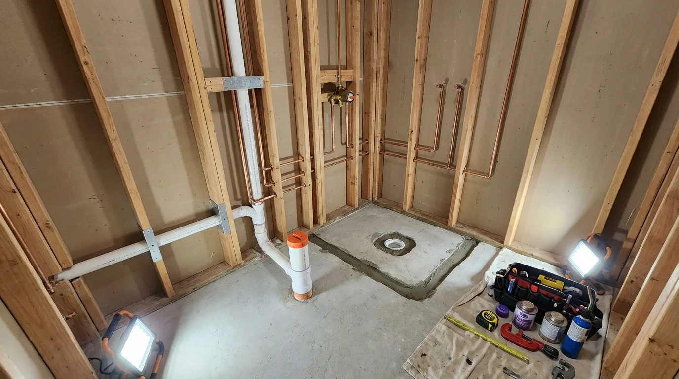 Bathroom rough-in plumbing during remodel by Johns Plumbing LLC in Anacortes