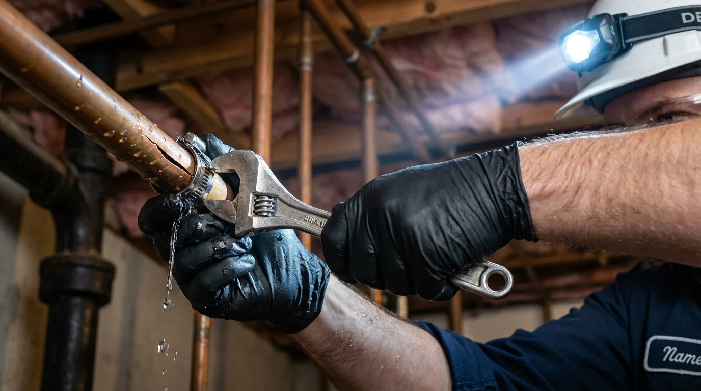 Emergency pipe clamp repair being performed by a Johns Plumbing LLC plumber in Anacortes