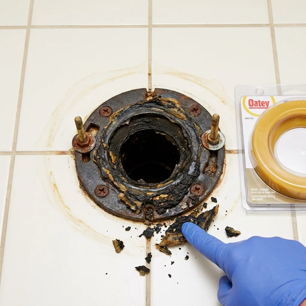Failed wax ring showing water seepage at the base of a toilet in a Anacortes, WA home