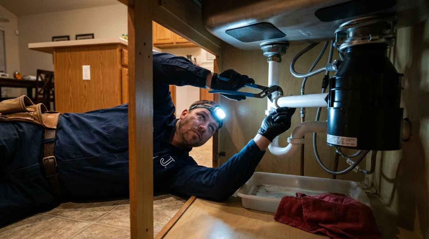 P-trap and supply line connections under a kitchen sink showing a common leak point in Anacortes, WA